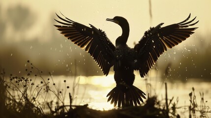 Fototapeta premium A beautiful bird is spreading its wings in the sunset.