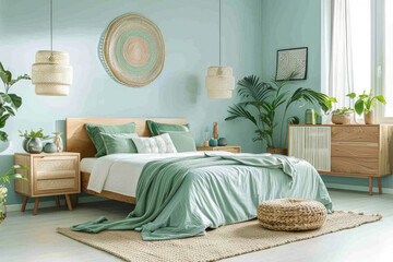 A bedroom with light blue walls, white floor and wooden furniture, green plants on the side of the bed, geometric decoration in the style of modern art, green pillows and blanket