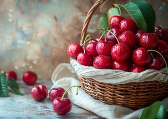 A basket of cherries with leaves on a wooden table. - obrazy, fototapety, plakaty