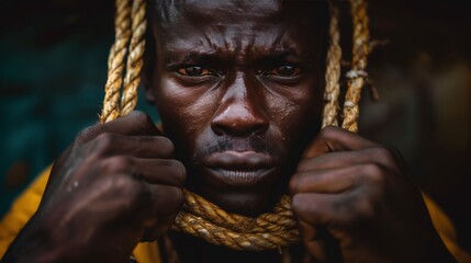 African Man Tying a Rope Around His Neck, Emphasizing Strength and Struggle