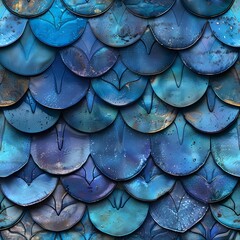 Enchanting Watercolor Mermaid Scales in Shimmering Teal Purple and Blue Seamless Pattern - obrazy, fototapety, plakaty