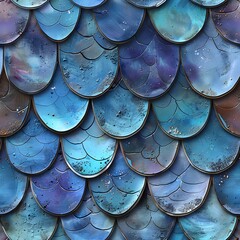 Enchanting Watercolor Mermaid Scales in Vibrant Teal Purple and Blue Pattern - obrazy, fototapety, plakaty
