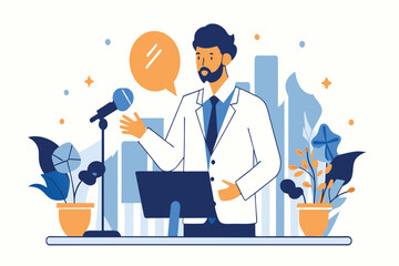 An illustrated scientist speaks at a podium, with plants and abstract city backdrop