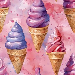 Whimsical Watercolor Ice Cream Patterns Radiating Summer Delights - obrazy, fototapety, plakaty