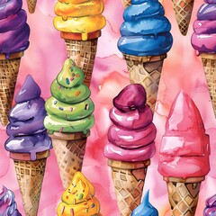 Fun Watercolor Ice Cream Patterns on Light Pink Background - obrazy, fototapety, plakaty