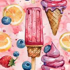 Whimsical Watercolor Ice Cream Patterns Radiating Summer Delights - obrazy, fototapety, plakaty