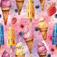 Pastel Watercolor Ice Cream Cones and Popsicles Create a Fun Seamless Pattern - obrazy, fototapety, plakaty