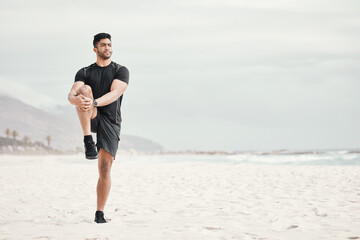 Sea, balance or man stretching legs with fitness for body flexibility, thinking or wellness in...