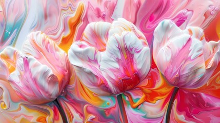 Abstract spring tulips. Luxurious fluid fluid art flowers.