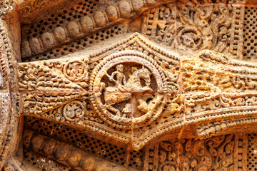 Big stone wheel of the Sun temple in Konark, Odisha, India, Asia