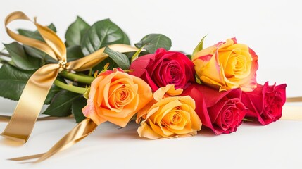 Bouquet of colorful roses decorated with golden silky ribbon tie isolated on white background with copy space, concept of birthday, Valentine, Christmas, pride, mother's day celebration