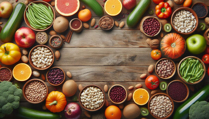 This captivating photograph features a wooden surface with distinct wood grains. Neatly arranged around the border are an assortment of fresh vegetables, fruits, and spices. - Powered by Adobe