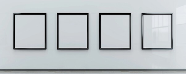 Contemporary museum with four blank posters in sleek black frames highlighted against a crisp white wall suitable for upcoming exhibitions or museum events