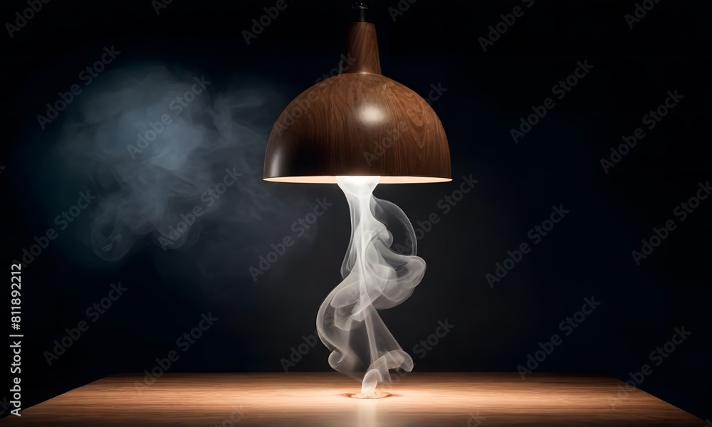 Poster empty wooden table with smoke floating up on a dark background empty space for displaying your produ