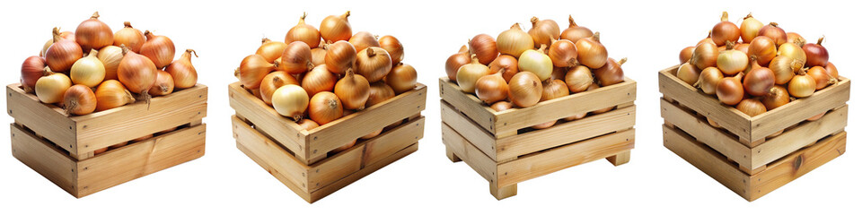 Wooden box full of onions on transparent background PNG file