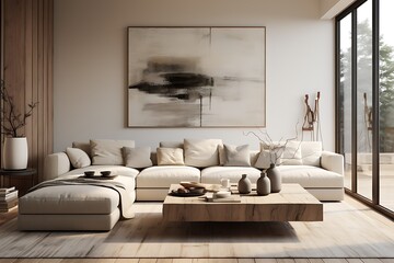 Interior of modern living room with wooden walls, wooden floor, comfortable white sofa and coffee table. 3d render