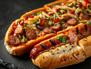 Two hot dogs with toppings on a black slate.