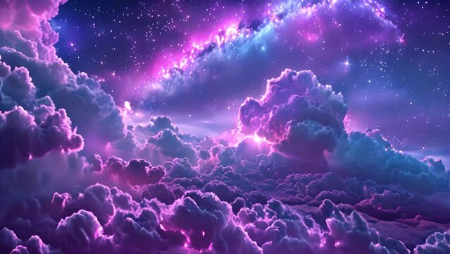 Magical stars and pink fluffy clouds in the sky. Pastel-colored clouds. Pastel Haze, Pink Light, looks like a cloud of smoke in cosmic aerosol and lightning or sky or nebula.3D Rendering 4k video
