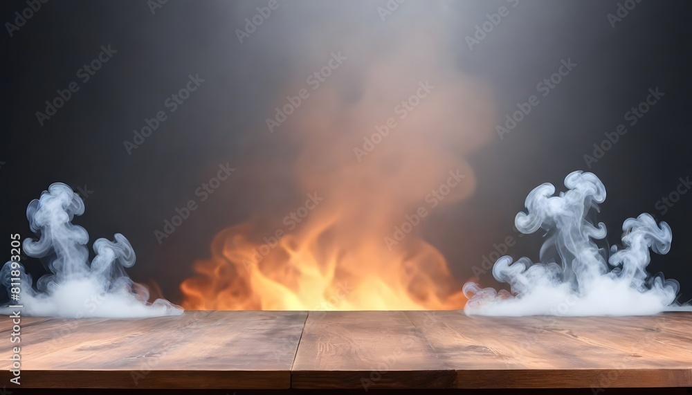 Poster empty wooden table with smoke floating up on a dark background empty space for displaying your produ