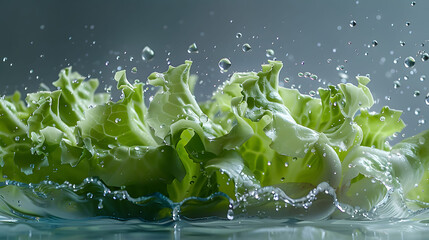 A high-speed capture of meticulously diced iceberg lettuce suspended weightlessly, glistening droplets trailing in crisp focus