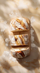 Bread on a wooden board with flour on it.