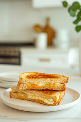 A grilled cheese sandwich on a white plate.