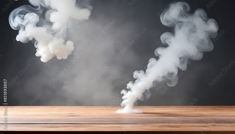 Poster empty wooden table with smoke floating up on a dark background empty space for displaying your produ