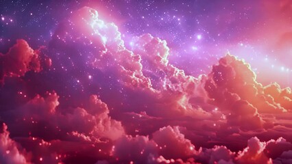 Magical stars and pink fluffy clouds in the sky. Pastel-colored clouds. Pastel Haze, Pink Light, looks like a cloud of smoke in cosmic aerosol and lightning or sky or nebula.3D Rendering 4k video
