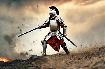 Obraz premium Spartan man in gladiator helmet and red long cloak standing with steel shield and iron spear, sword in hands. Strong roman warrior in battle dress. 1 one, alone greek legionary soldier ready to fight.