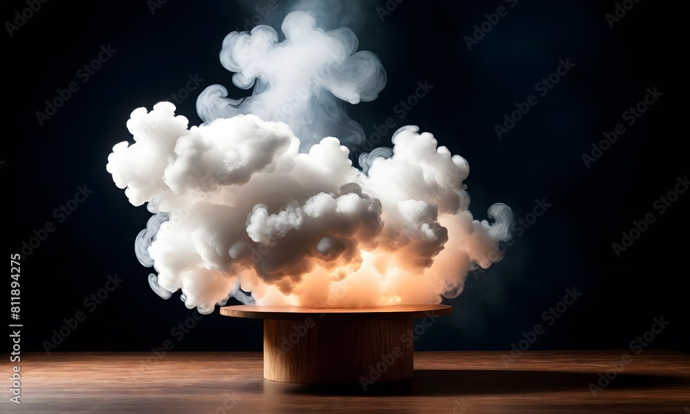 Poster empty wooden table with smoke floating up on a dark background empty space for displaying your produ
