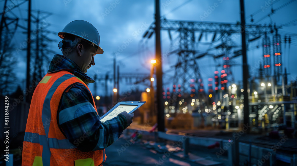 Aufkleber an engineer in a reflective vest uses a tablet to check systems at a power grid substation during tw