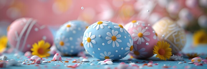3D colorful Easter eggs with spring flowers on pastel background. Happy Easter banner.