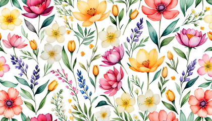 horizontal seamless stock floral beautiful illustration pattern flowers watercolor tulip lilac art artwork design print hand drawn background wallpaper texture textile fabric ornament nature natural