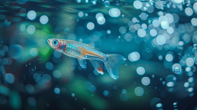 A beautiful Endler's livebearer fish with a blue background.