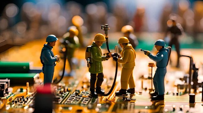 Figuren bei der Arbeit auf einer Platine