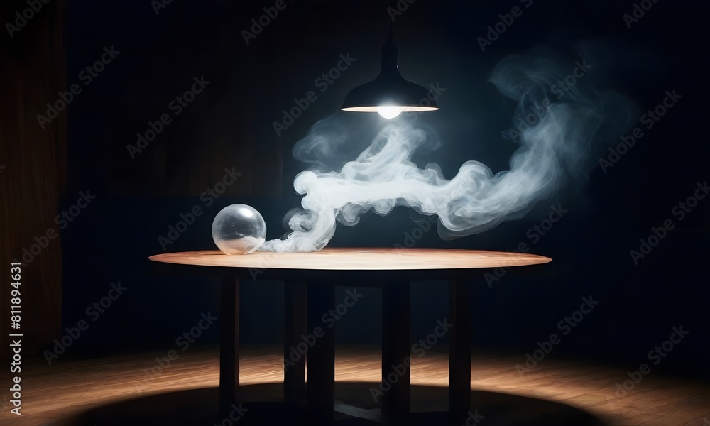 Poster empty wooden table with smoke floating up on a dark background empty space for displaying your produ