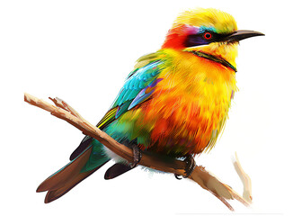 Generate an image of a colorful bird perched on a branch against a white backdrop.