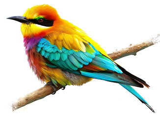Obraz premium Generate an image of a colorful bird perched on a branch against a white backdrop.