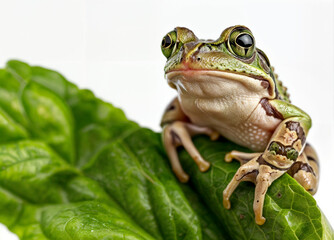 Generate an image of a cute frog sitting on a leaf against a white background.