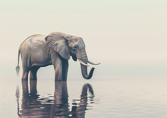 Generate an image of an elephant drinking from a river on a white surface
