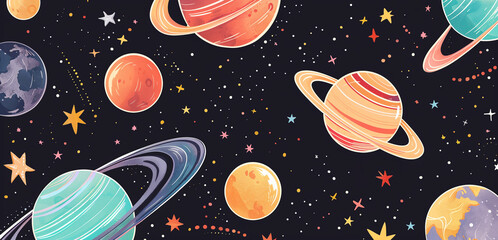 Space Exploration: Create a series of illustrations inspired by space exploration, featuring planets, stars, and cosmic phenomena against a white background.
