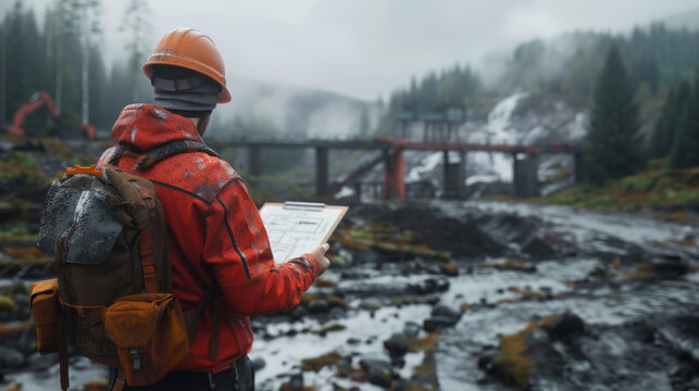 A worker in orange safety gear examines blueprints by a mist-covered forest with construction in the background. - Powered by Adobe