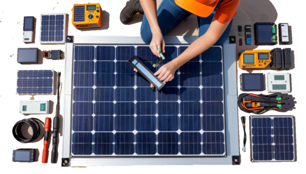 panels solar energy work photovoltaic female installer future professional panel renewable sustainability efficiency professionalism installation electricity environment clean progress profession