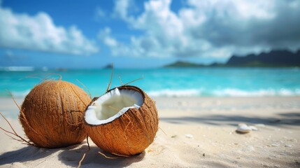 Coconuts on a sandy beach with one open, revealing fresh coconut water, against a turquoise sea...