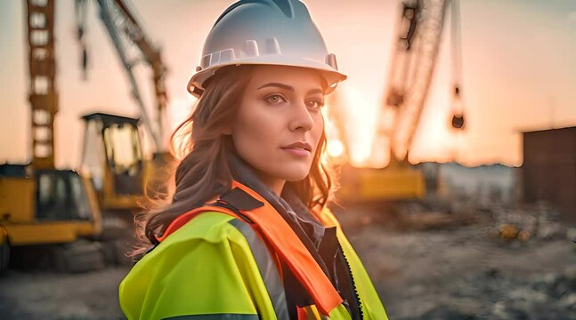 Frau steht in Schutzkleidung auf Baustelle