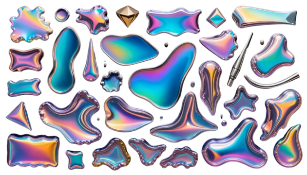 substance holographicwavy liquid melted set iridescent metal bold shapes shape chrome circle flow fluid rainbow abstract water diffraction round dispersion isolated effect black glasses background