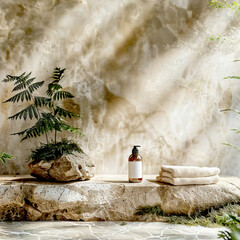 Aesthetic podium with light colored stone. Podium for cosmetics. Cream, towel, cosmetic devices, spa. Beige podium. Eco-friendly natural podium. Light catwalk, natural light. Glass containers.