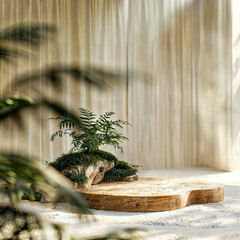 Aesthetically pleasing wooden podium. A podium for cosmetics. Eco-friendly natural podium. Light catwalk, natural light. Studio shoot, minimalistic wooden podium