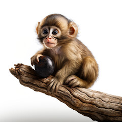 Naklejka premium Baby monkey sitting on a branch on white isolated background. Baby monkey on a branch. A dwarf monkey holding a stone in its paws. A macaque monkey on a light background. Baby monkey holding food.