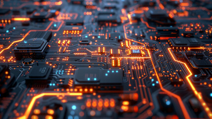 Detailed circuit board with flowing electricity, showcasing complexity.